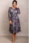 Rochie Andrada din jerse gri cu flori roz, maneca lunga si catarama in talie
